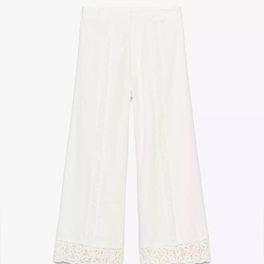 Zara ZW Collection White Wide-Leg Pants with Lace Trim